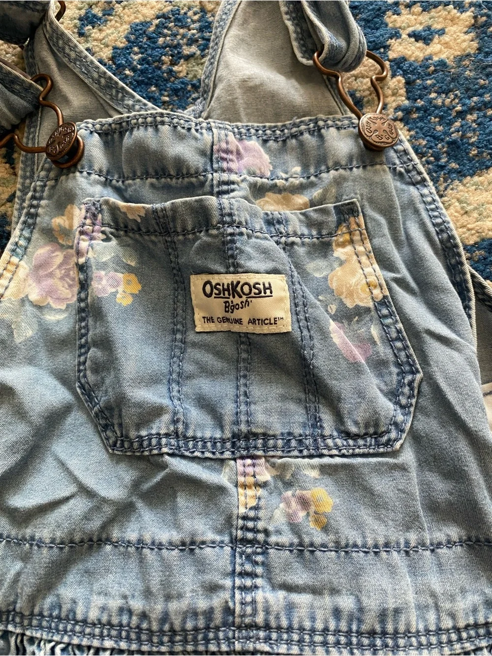 OshKosh B'gosh Denim Floral Skirt Overalls in Blue with Pink & Yellow Flowers